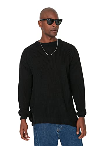 TRENDYOL MAN Herren Black Men's Oversize Wide Form Side Detailed Sweatshirt Sweater, Schwarz, L EU von TRENDYOL