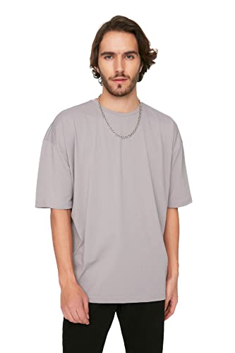 TRENDYOL Herren Männliches Basisches Bike-kragen Übergroß Kurzarm-t-shirt T-Shirt Western, Gray, XS von TRENDYOL