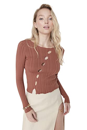 TRENDYOL Damen Rundkragen Unifarben Schnitt Bluse Shirt Rundkragen Langarm Schwarz Bluse, Cinnamon, 42 von TRENDYOL