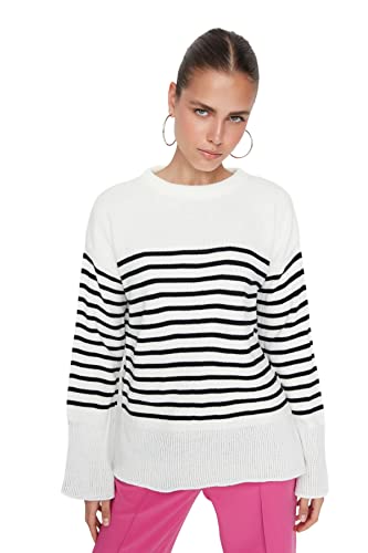 TRENDYOL Damen Pullover mit Rundhalsausschnitt, Gestreift, Oversize Sweatshirt, Ecru, S von TRENDYOL