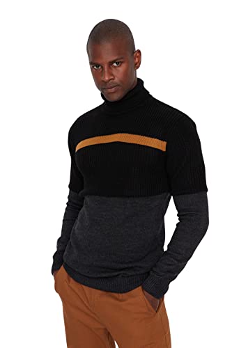 TRENDYOL Herren Gestreifter Schmaler Pullover mit Rundhalsausschnitt Sweatshirt Casual, Schwarz, S Große Größen von TRENDYOL