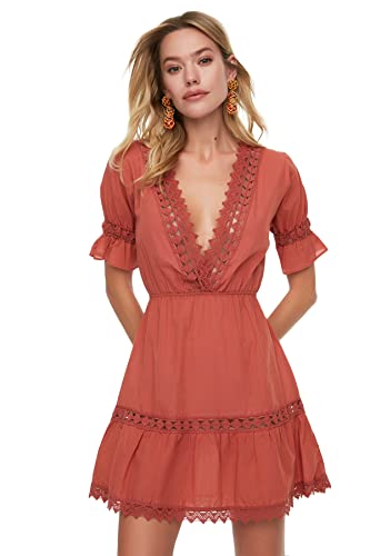TRENDYOL Damen Lace Striped Beach Dress, Brown, 34 EU von TRENDYOL
