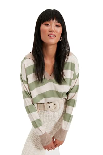 TRENDYOL Damen Pullover With Polo Collar, Striped Sweatshirt, Camel, S EU von TRENDYOL