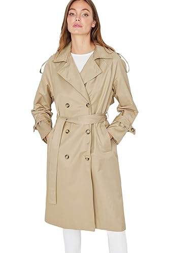 TRENDYOL Damen Offener -Gewölbter Knopfverschluss Wasserabweisender Langer Trenchcoat Trench Coat, Beige, 32 EU von TRENDYOL
