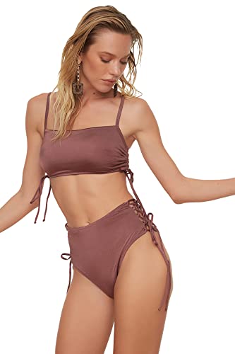 TRENDYOL Damen Verknüpfung Detaillierter Hoher Taillenbikini Sechs Bikini Bottoms Contemporary, Brown, 40 von TRENDYOL