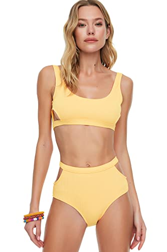 Trendyol Damen Textured High Waist Neckline Detail Six Bikini Bottoms, Orange, 42 EU von TRENDYOL