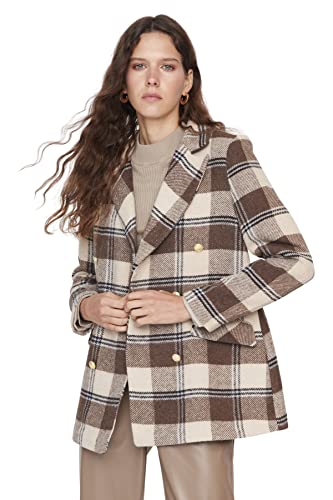 TRENDYOL Damen Trendyol Damen Regular Bikerjacken Plaid Webstoff Blazer Coat, Khaki, 38 EU von TRENDYOL