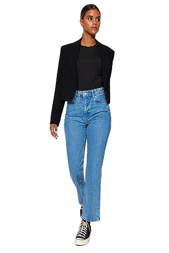 TRENDYOL Blue High Waist Straight Jeans TWOAW24JE00061, Blue, 42 von TRENDYOL