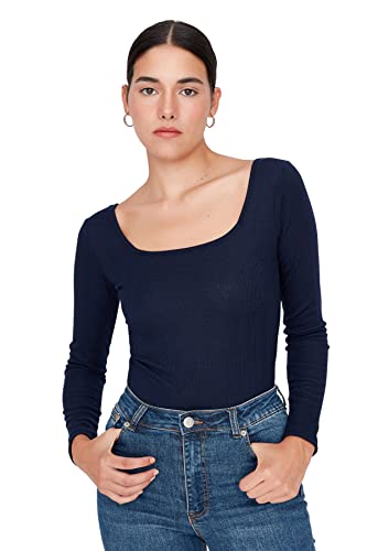 Trendyol Damen Woman Slim Bodycon Scoop Neck Knit Bodysuit Hemd, Navy Blue, Small von TRENDYOL