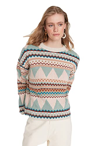 TRENDYOL Damen Crew Neck Jacquard Regular Sweater Sweatshirt, Blau, M von TRENDYOL