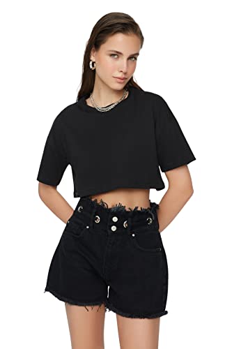 Trendyol Damen, hohe Taille, gerades Bein Shorts, Schwarz, 13 Jahre von TRENDYOL