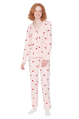 TRENDYOL Damen 2er-Pack Herz Lange Ärmel Lounge/Zuhause Tailliert Pyjama Pajama Set, Rosa, XL von TRENDYOL