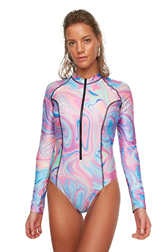 TRENDYOL Damen Abstrakter Muster Langer Arm-brandung Thematischer Badeanzug One Piece Swimsuit, Mehrfarbig, 34 EU von TRENDYOL