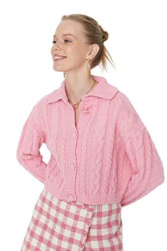 Trendyol Damen Ajouré Regular Cardigan mit Umlegekragen Pullover, Rose, L von TRENDYOL