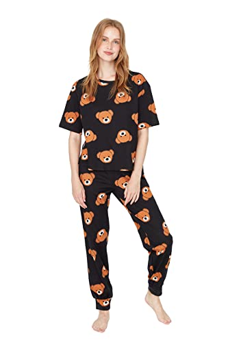 TRENDYOL Damen Anthrazit-teddybär Druckte Gestrickte Pyjamas Pajama Set, Anthrazit, L EU von TRENDYOL