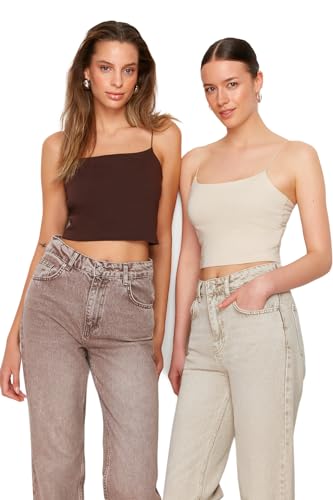 TRENDYOL Damen Aufhänger Crop Gestrickter Grundlegender Athlet T-Shirt, Brown-beige, XS von TRENDYOL