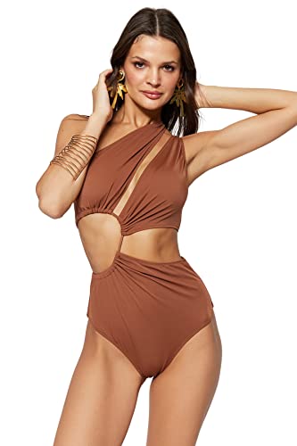 TRENDYOL Damen Badeanzug, Einfarbig Bademode, Braun, 34 von TRENDYOL