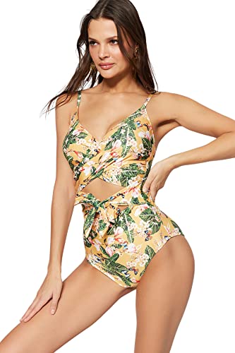 Trendyol Damen Badeanzug mit Blumenmuster Bademode, Gelb-Mehrfarbig, 38 von TRENDYOL