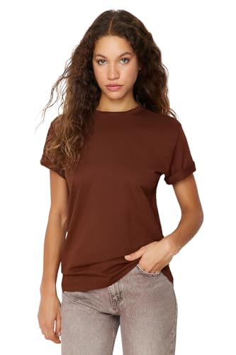 TRENDYOL Damen Basics Boyfriend Basic Rundhals Knit T-Shirt, Braun, XL von TRENDYOL