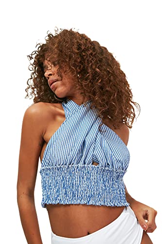 Trendyol Damen Crosslinked With Striped Gemstone Blouse, Blau, 40 EU von TRENDYOL