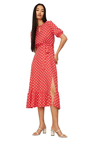 TRENDYOL Damen Belted Polka Dot Dress, Rot, 42 EU von TRENDYOL