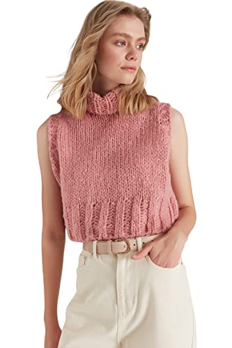 TRENDYOL Damen Bicycle Collar Knitwear Sweater Sweater Sweater Rundhalsausschnitt Ärmellos Puder Strickweste, Pulver, L von TRENDYOL