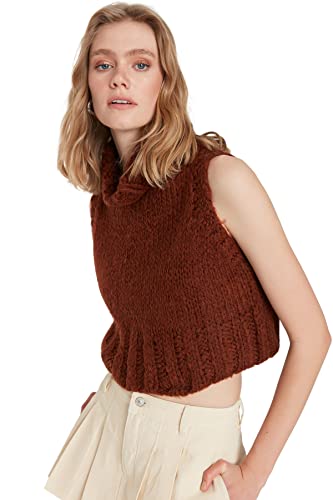 TRENDYOL Damen Bicycle Collar Knitwear Sweater Sweater Sweater Rundhalsausschnitt Ärmellos Puder Strickweste, Brown, L von TRENDYOL