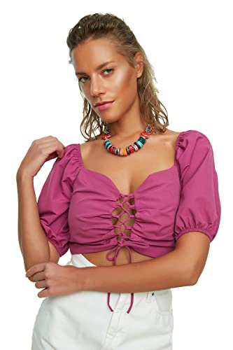 TRENDYOL Damen Bindung Detaillierter Ballonhülsenbluse Blouse Westlich, Fuchsia, 34 von TRENDYOL