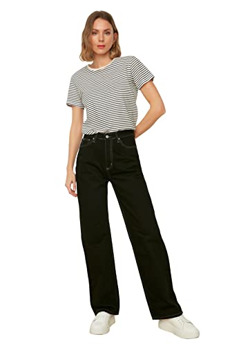 TRENDYOL Damen Black Contrast Stitch, Detailed, High Waist, 90s Wide Leg Jeans, Schwarz, 34 EU von TRENDYOL