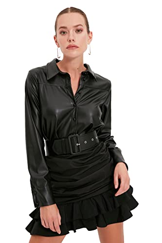 TRENDYOL Damen Black Curved Artificial Leather Cocktail Dress, Schwarz, 34 EU von TRENDYOL