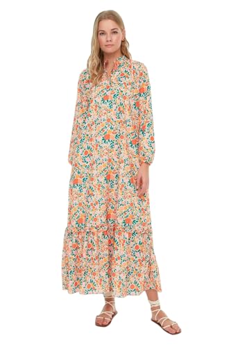 TRENDYOL Damen Bloem patroon half patch-rock-end-frilly-geweven jurk Dress, Orange, 38 EU von TRENDYOL