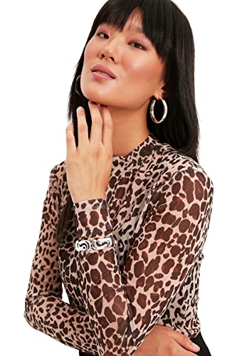 TRENDYOL Damen Brown Leopard Muster Tüll Gestrickte Bluse Blouse, Brown, XS EU von TRENDYOL