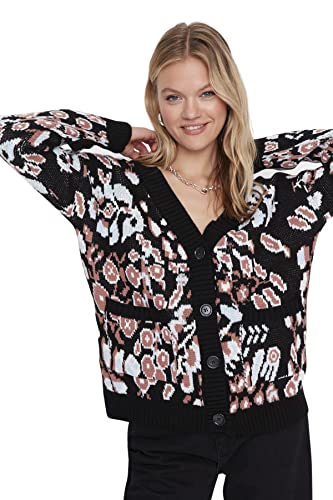 Trendyol Damen Cardigan mit V-Ausschnitt und Blumenmuster Pullover, Schwarz, M von TRENDYOL