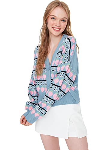 TRENDYOL Damen Cardigan mit V-Ausschnitt und Colorblock-Schnitt Pullover, Blau, L von TRENDYOL