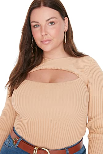Trendyol Damen Choker High Neck Plain Regular Plus Size Pullover Sweatshirt, Beige, 3XL Größen von TRENDYOL
