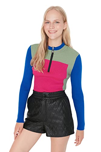 TRENDYOL Damen Colorblock Pullover With Stand-up Collar Sweatshirt, Fuchsia, L EU von TRENDYOL