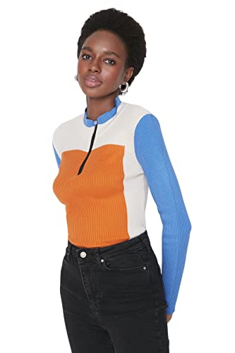 TRENDYOL Damen Colorblock Pullover With Stand-up Collar Sweatshirt, Orange, S EU von TRENDYOL