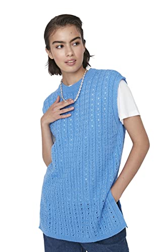 TRENDYOL Damen Crew Neck Cable Knit Regular Vest Sweater, Blau, M EU von TRENDYOL