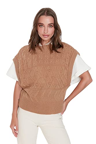 TRENDYOL Damen Crew Neck Cable Knit Regular Vest Sweater, Camelfarben, S EU von TRENDYOL