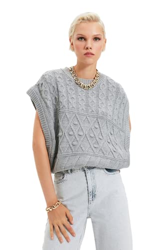 TRENDYOL Damen Crew Neck Cable Knit Regular Vest Sweater, Grau, M EU von TRENDYOL