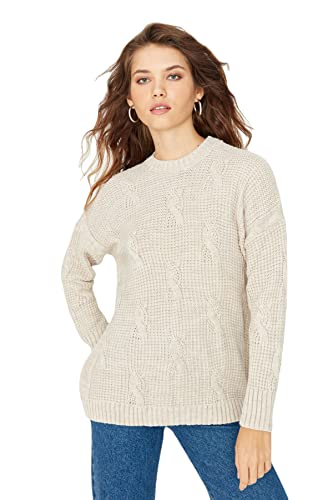 TRENDYOL Damen Crew Neck Jumper, Cable Knit, Regular Cut Sweatshirt, Beige, M EU von TRENDYOL