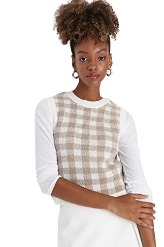 TRENDYOL Damen Crew Neck Plaid Regular Vest Sweater, Ecru, L EU von TRENDYOL