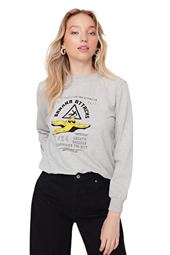 TRENDYOL Damen Crew Neck With Regular Slogan Sweatshirt, Grau, XS EU von TRENDYOL