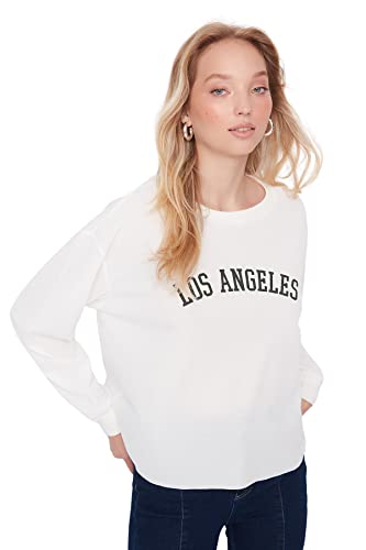 TRENDYOL Damen Crew Neck With Slogan Figurbetont Sweatshirt, Ecru, S EU von TRENDYOL