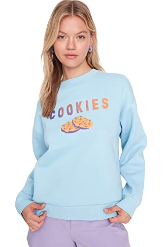 TRENDYOL Damen Crew Neck With Slogan Regular Sweatshirt, Light Blue, M EU von TRENDYOL