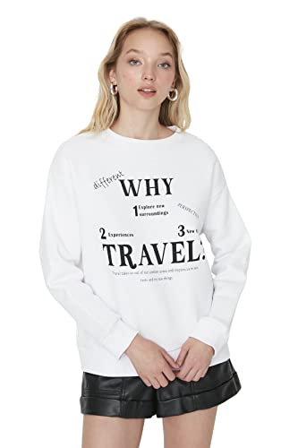 TRENDYOL Damen Crew Neck With Slogan Regular Sweatshirt, Weiß, L EU von TRENDYOL