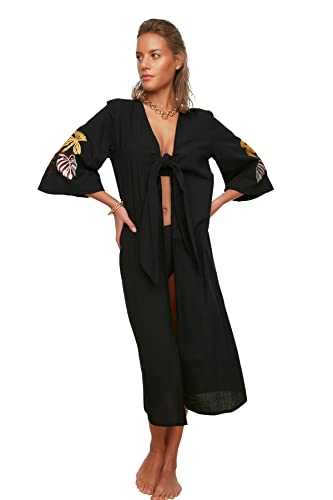 TRENDYOL Damen Detaillierte Stickerei Kimono & Kaftan Detaillierte Stickerei Kimono & Kaftan Kimono Mantel, Schwarz, 34 von TRENDYOL