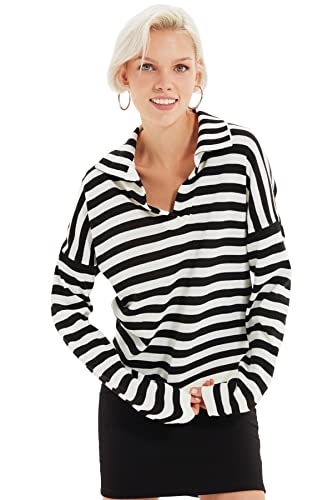 TRENDYOL Damen Ecru Polo Revers Striped Knitwear Pullover Sweater, Ecru, L EU von TRENDYOL