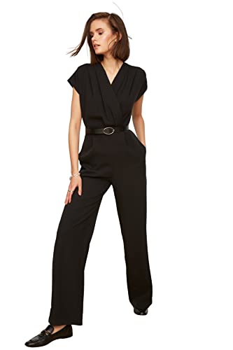 TRENDYOL Schwarz Belted Double Breasted Kragen Wide Leg Gewebt Jumpsuit TWOSS21TU0004 von TRENDYOL