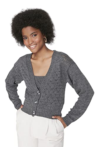 Trendyol Damen Regular Standard V-Ausschnitt Strickwaren Cardigan Pullover, anthrazit, L von TRENDYOL